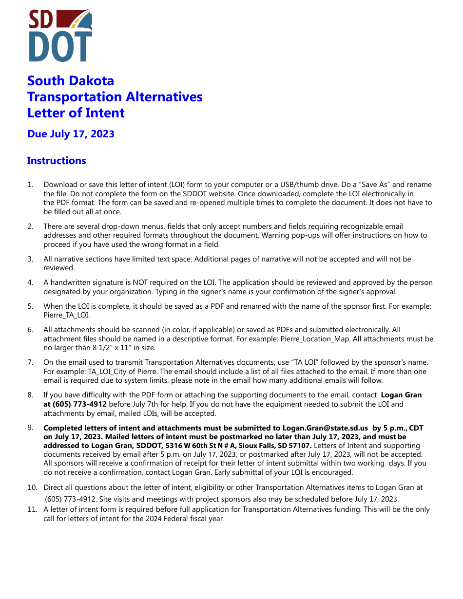 Transportation Alternatives Letter of Intent - South Dakota, Page 1