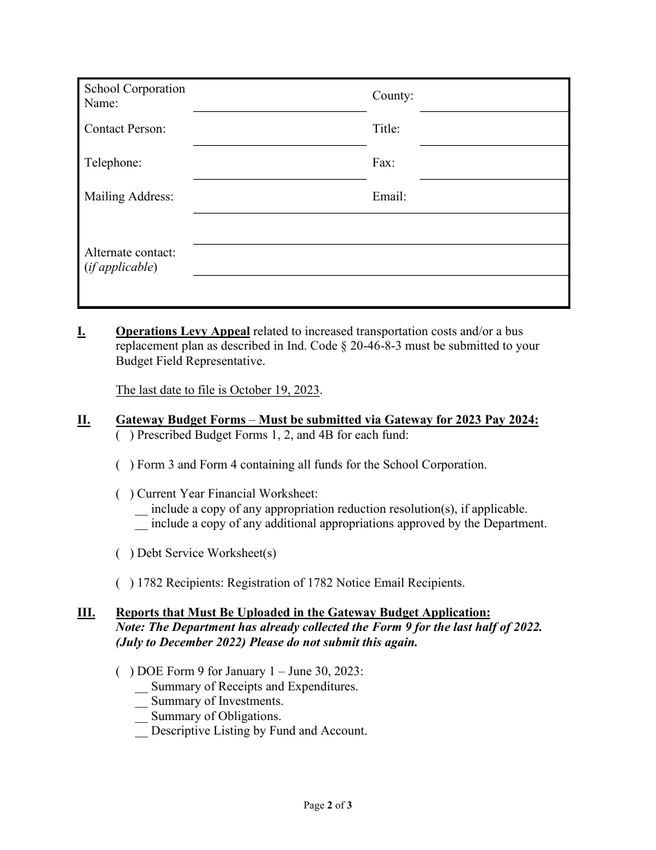 School Corporation Budget Information for Review Purposes - Indiana, Page 2