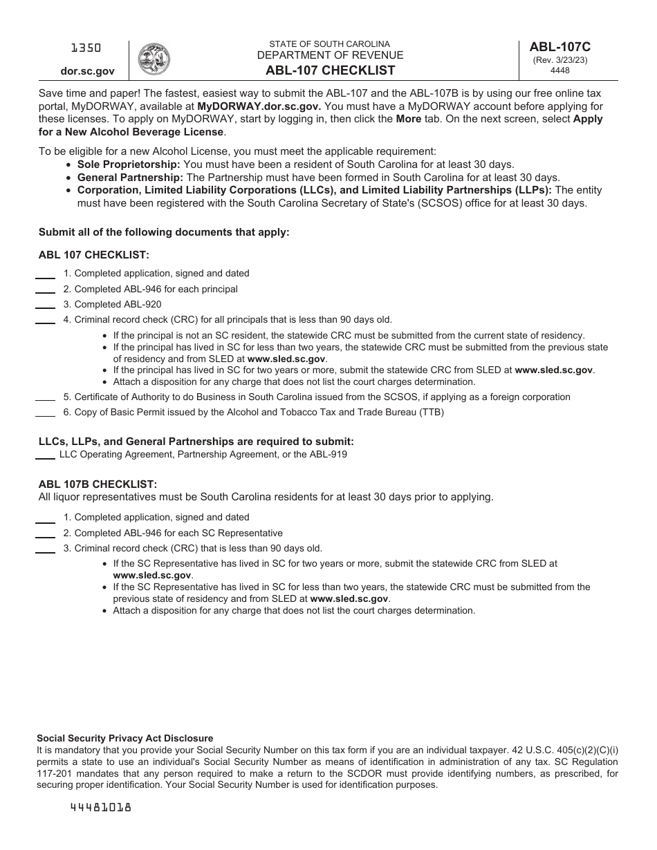 Form ABL-107 Application for Registration of Alcoholic Liquor Producer or Importer - South Carolina, Page 1