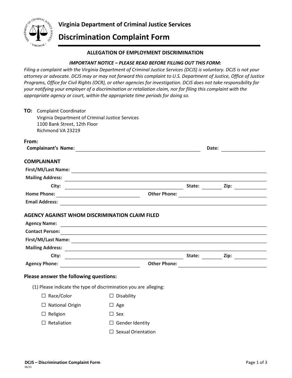 Discrimination Complaint Form - Virginia, Page 1