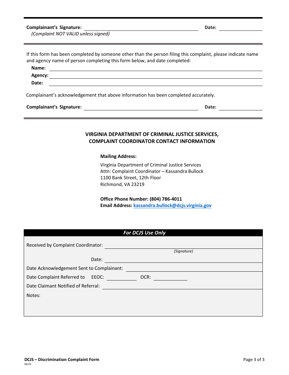 Discrimination Complaint Form - Virginia, Page 3