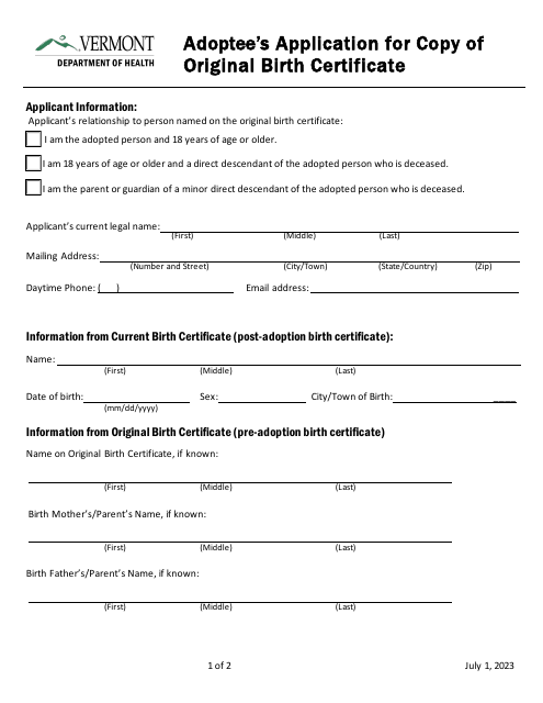 Adoptee's Application for Copy of Original Birth Certificate - Vermont Download Pdf