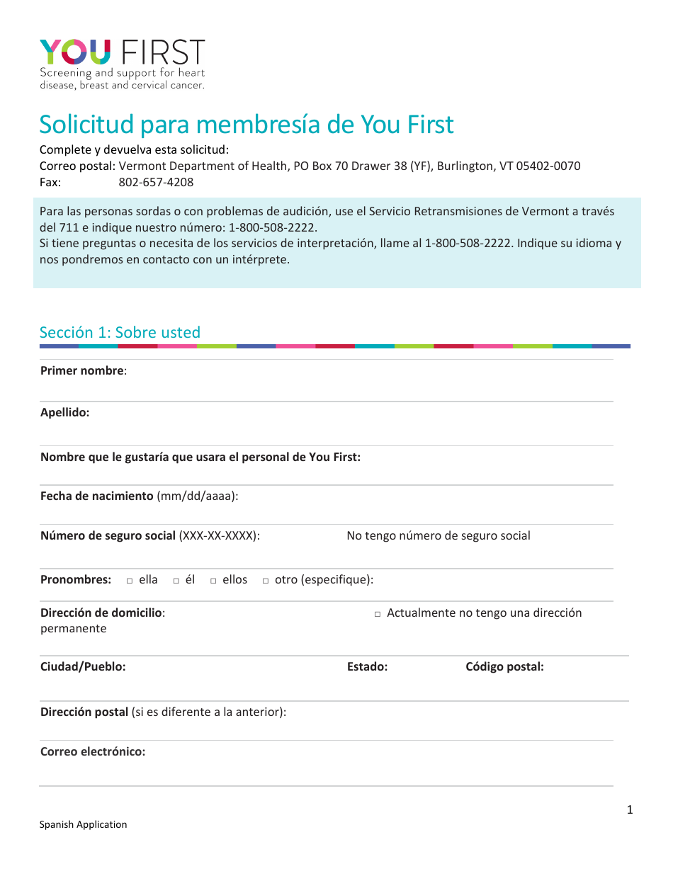 Solicitud Para Membresia De You First - Vermont (Spanish), Page 1