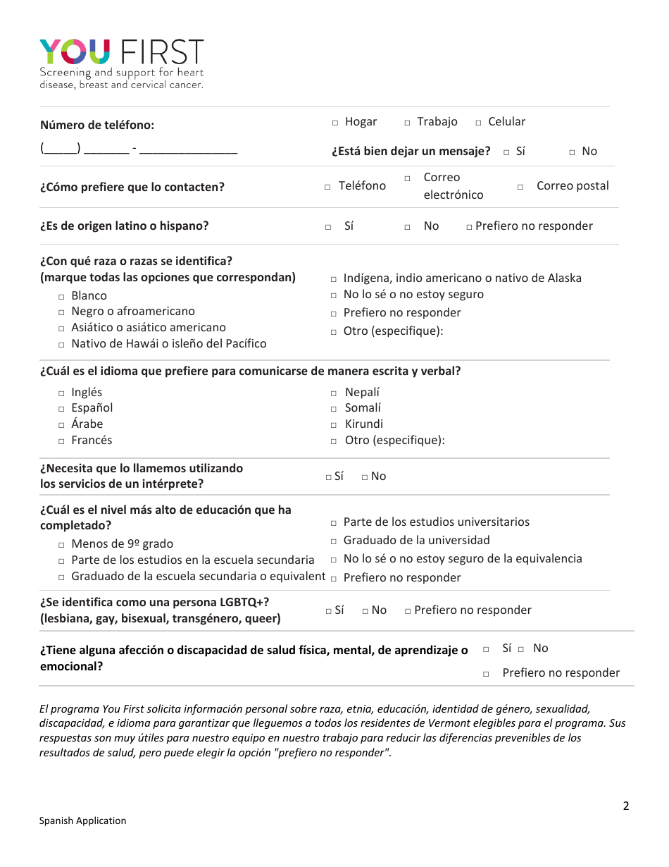 Solicitud Para Membresia De You First - Vermont (Spanish), Page 2
