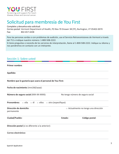 Solicitud Para Membresia De You First - Vermont (Spanish) Download Pdf