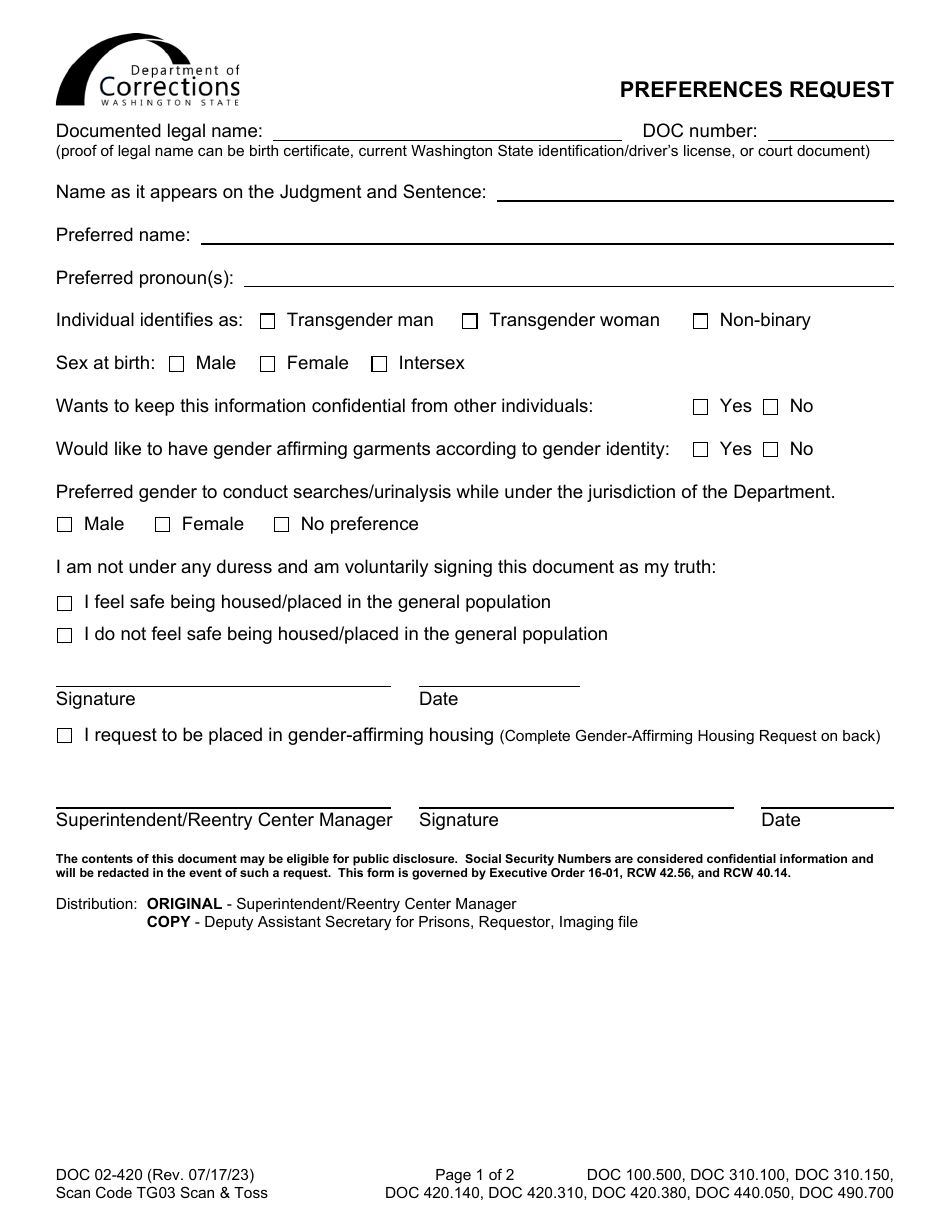 Form DOC02-420 Preferences Request - Washington, Page 1