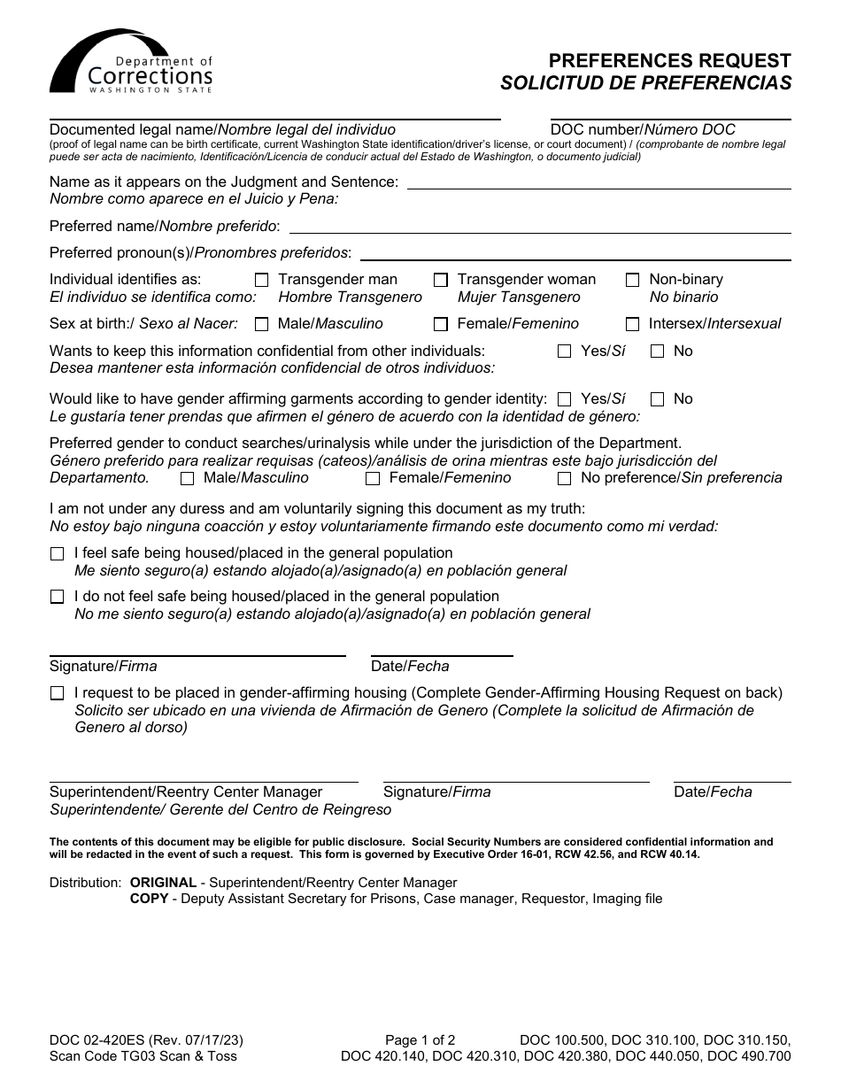 Form DOC02-420ES Preferences Request - Washington (English / Spanish), Page 1