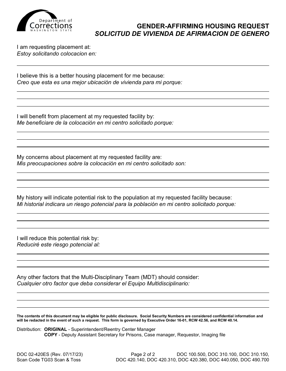 Form DOC02-420ES Preferences Request - Washington (English / Spanish), Page 2