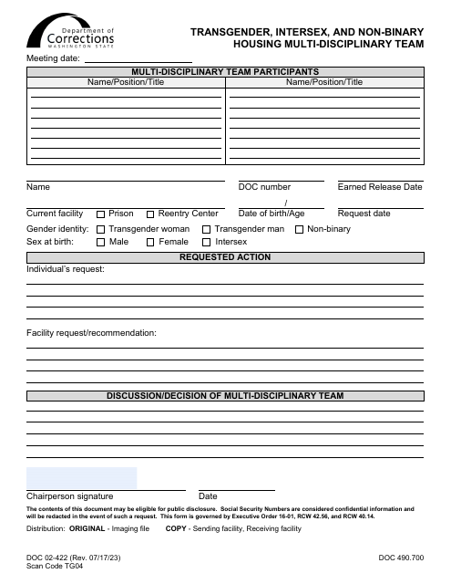 Form DOC02-422 Transgender, Intersex, and Non-binary Housing Multi-Disciplinary Team - Washington