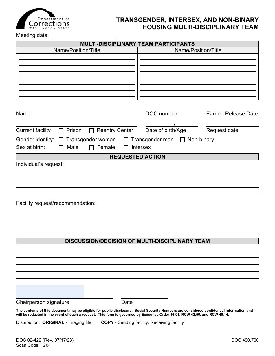 Form DOC02-422 Transgender, Intersex, and Non-binary Housing Multi-Disciplinary Team - Washington, Page 1
