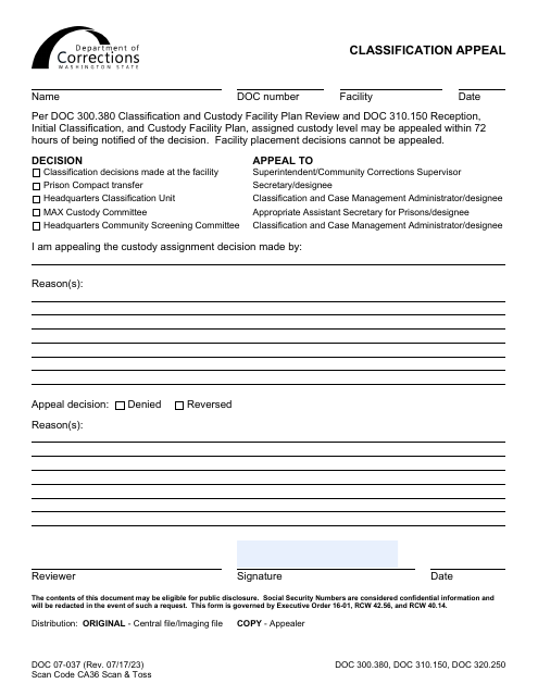 Form DOC07-037 Classification Appeal - Washington
