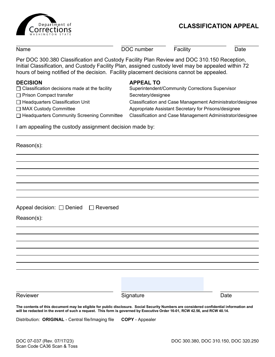 Form DOC07-037 Classification Appeal - Washington, Page 1