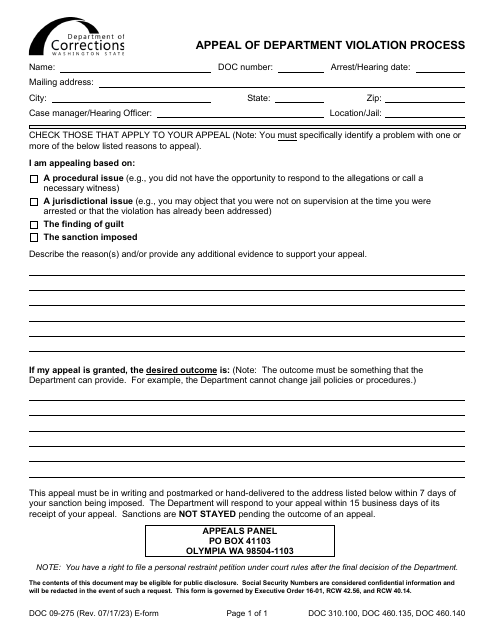 Form DOC09-275 Appeal of Department Violation Process - Washington