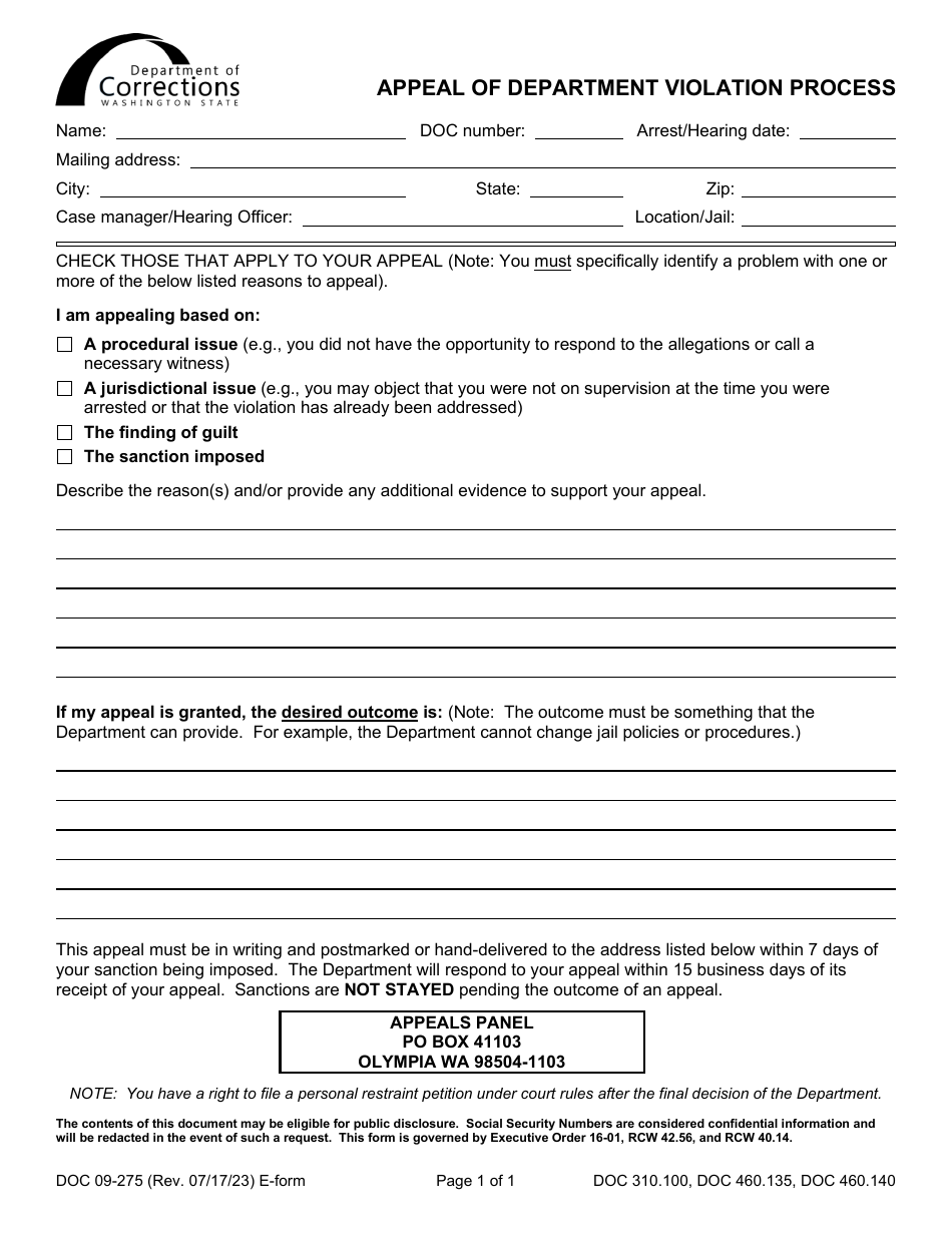 Form DOC09-275 Appeal of Department Violation Process - Washington, Page 1