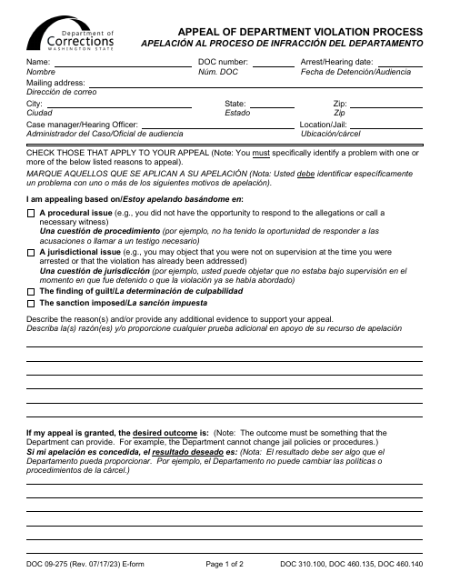 Form DOC09-275ES Appeal of Department Violation Process - Washington (English/Spanish)