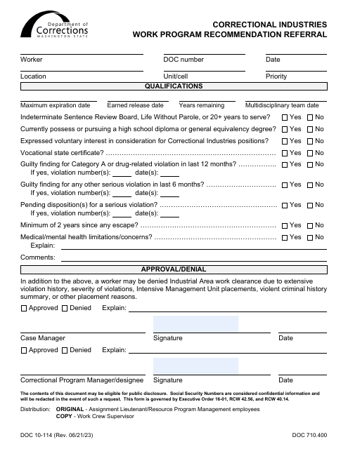 Form DOC10-114 Correctional Industries Work Program Recommendation Referral - Washington