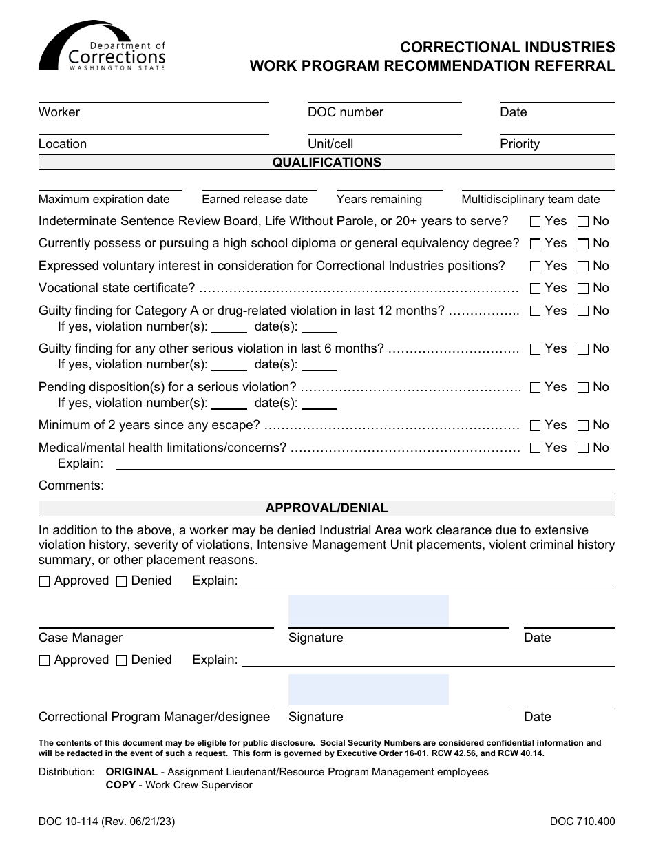 Form DOC10-114 Correctional Industries Work Program Recommendation Referral - Washington, Page 1
