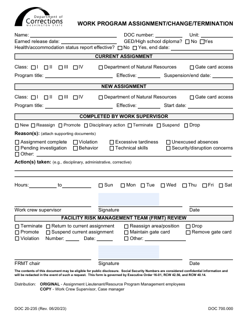 Form DOC20-235 Work Program Assignment/Change/Termination - Washington
