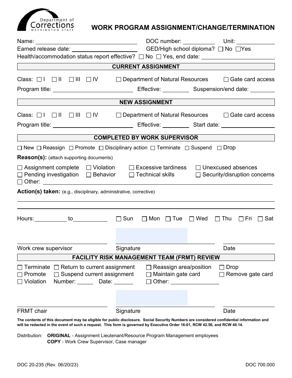 Form DOC20-235 Work Program Assignment / Change / Termination - Washington, Page 1