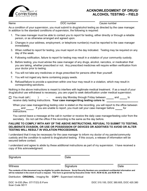 Form DOC14-035 Acknowledgment of Drug/Alcohol Testing - Field - Washington