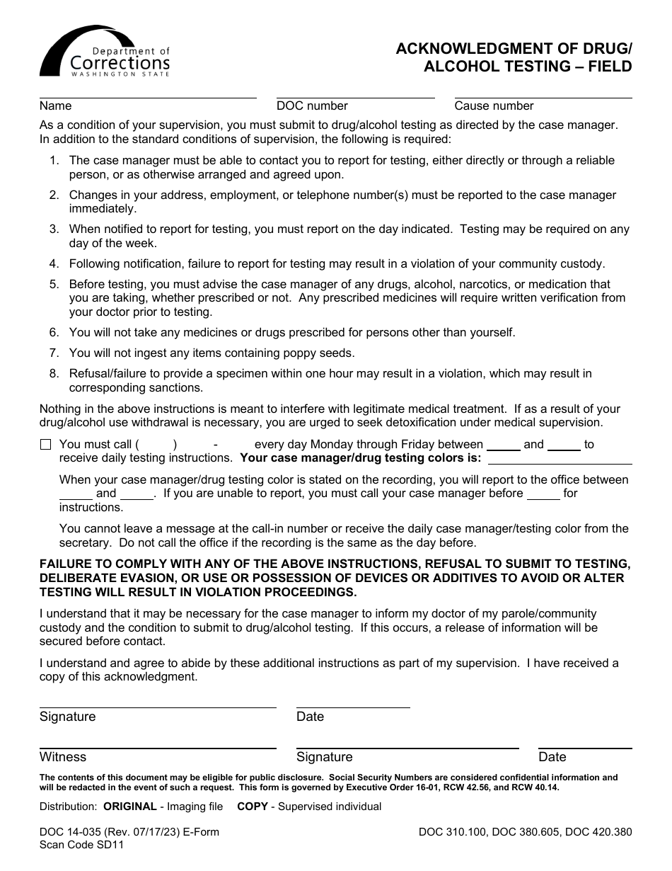 Form DOC14-035 Acknowledgment of Drug / Alcohol Testing - Field - Washington, Page 1