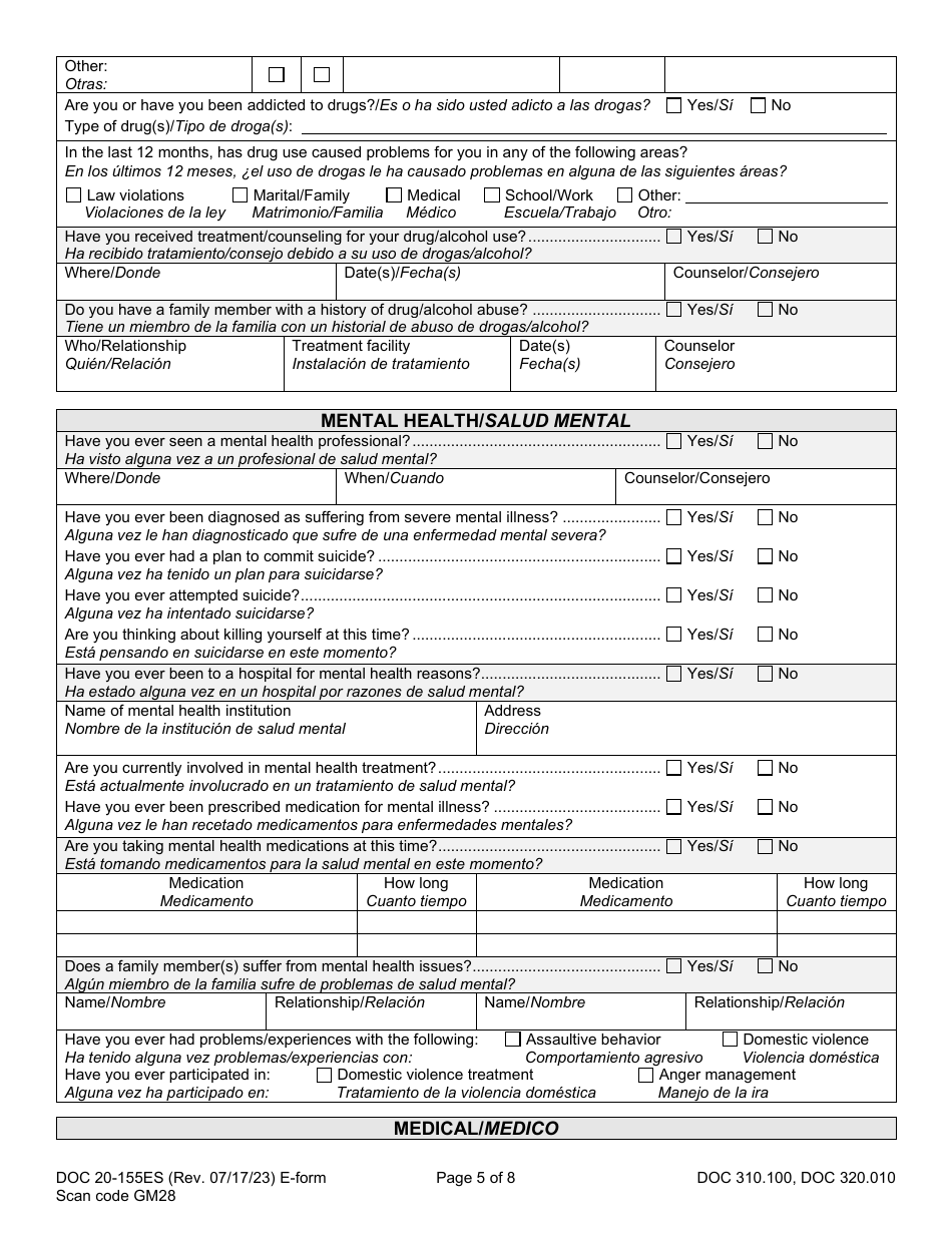 Form DOC20-155ES Intake / Pre-sentence Report Information Sheet - Washington (English / Spanish), Page 5