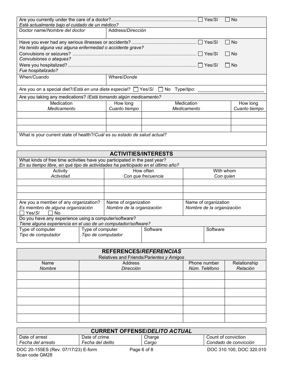 Form DOC20-155ES Intake / Pre-sentence Report Information Sheet - Washington (English / Spanish), Page 6