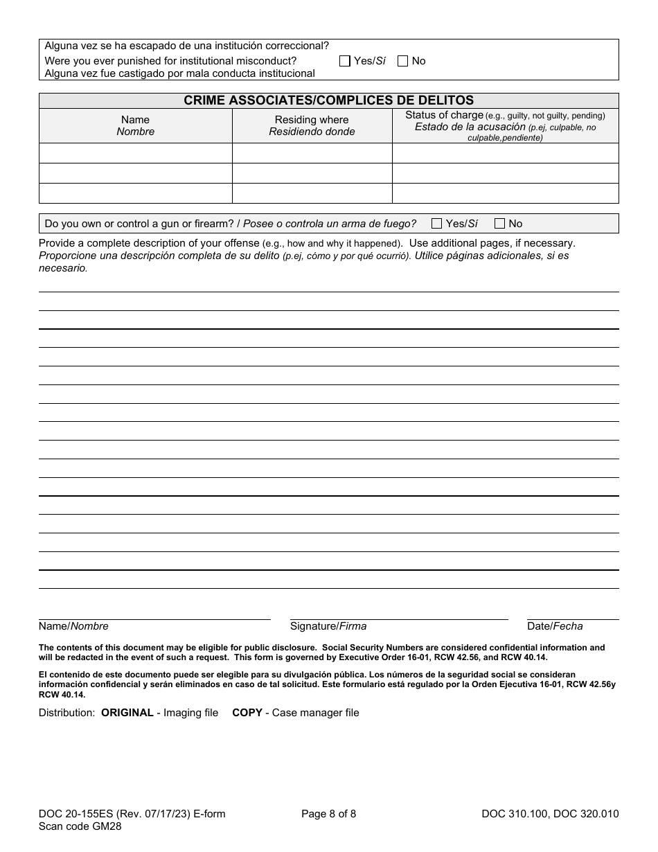 Form DOC20-155ES Intake / Pre-sentence Report Information Sheet - Washington (English / Spanish), Page 8