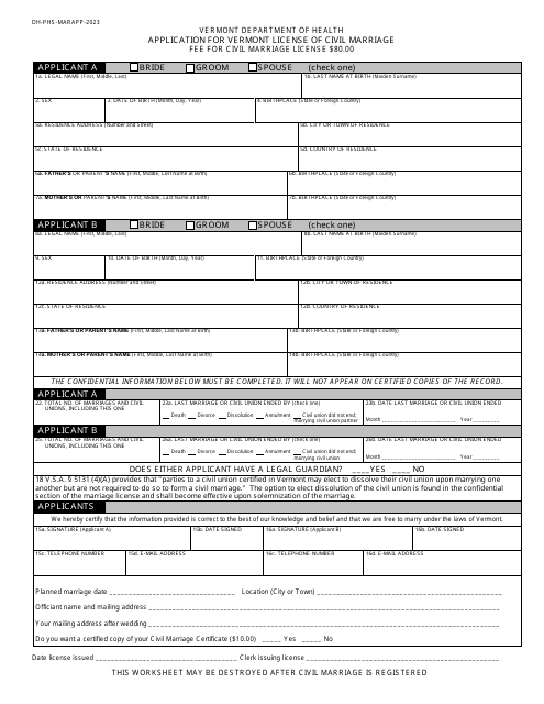 Application for Vermont License of Civil Marriage - Vermont