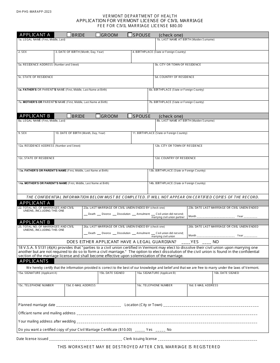 Vermont Application for Vermont License of Civil Marriage Download ...