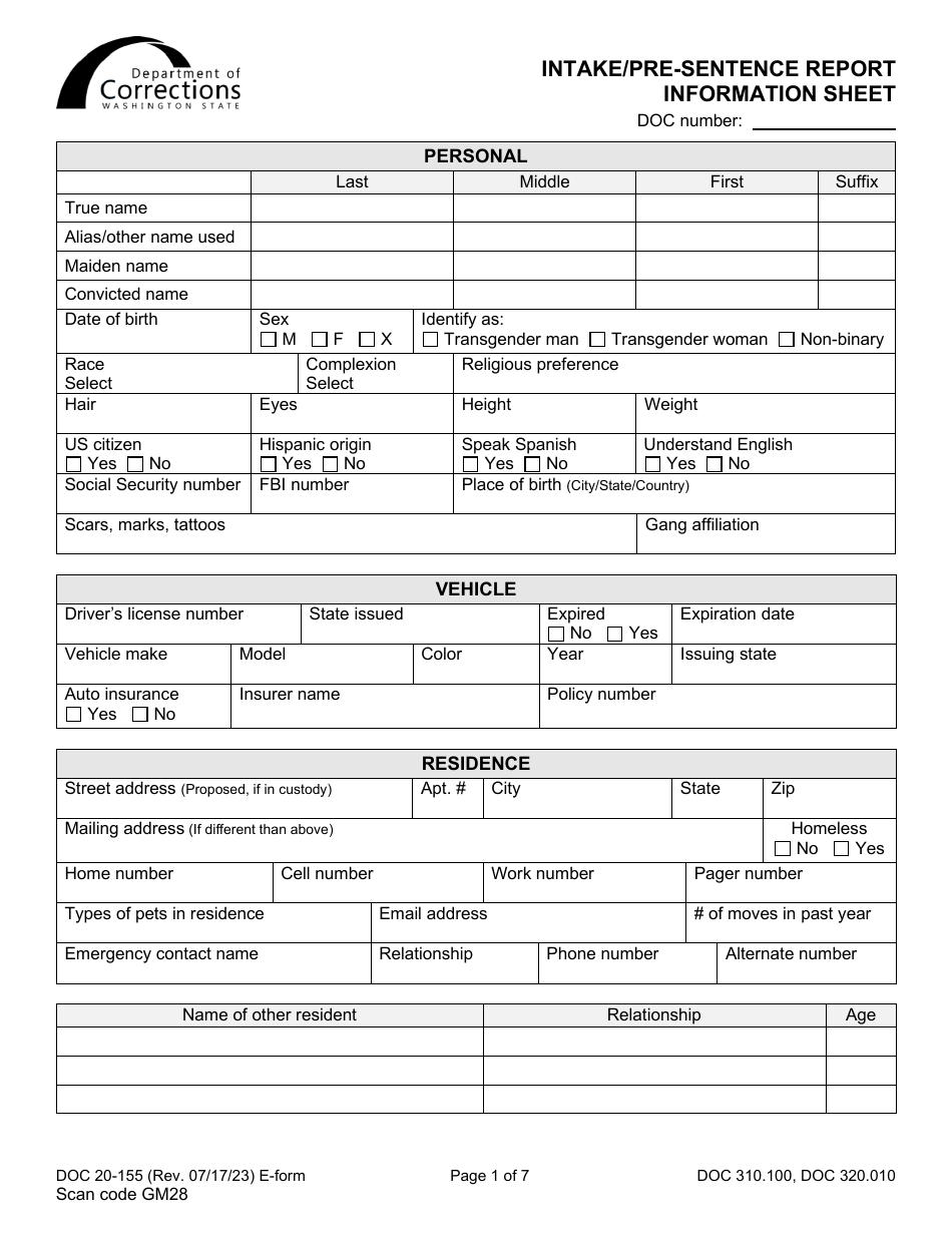 Form DOC20-155 Intake / Pre-sentence Report Information Sheet - Washington, Page 1