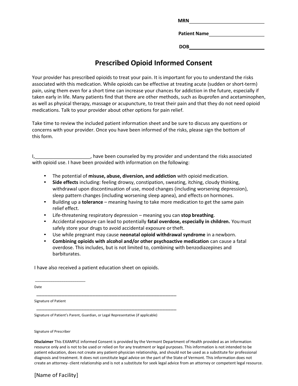 Prescribed Opioid Informed Consent - Vermont, Page 1