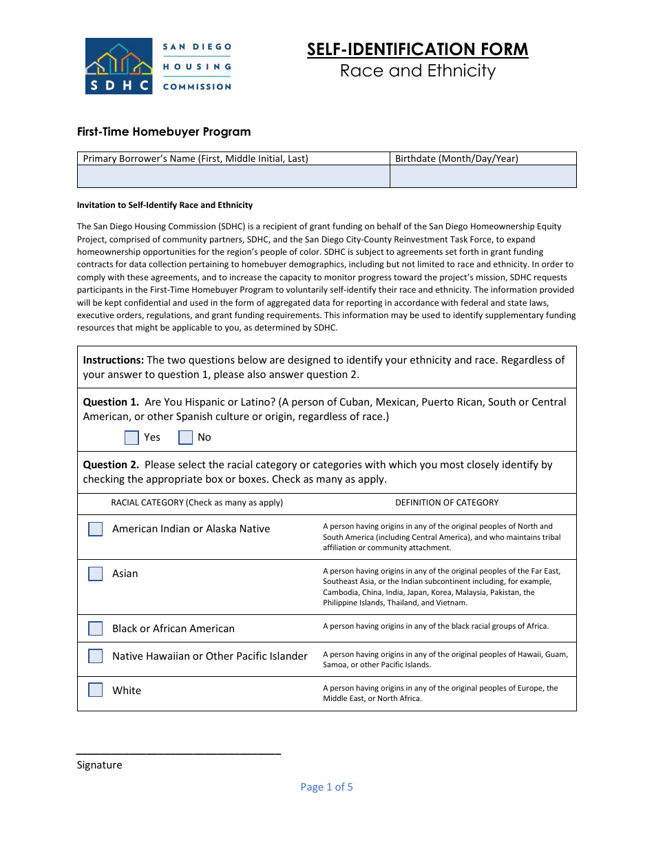 Self-identification Form - Race and Ethnicity - First-Time Homebuyer Program - City of San Diego, California, Page 1