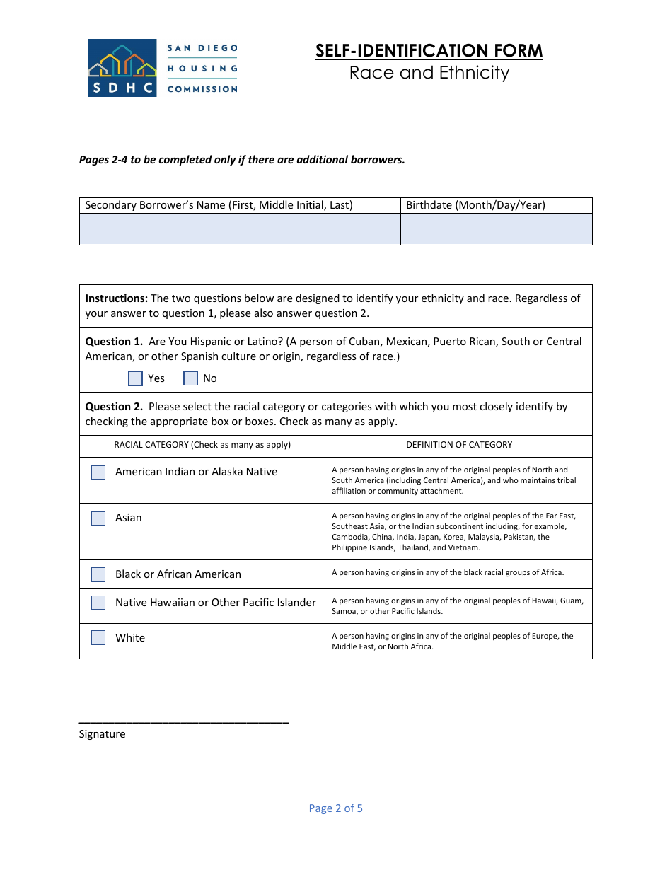 Self-identification Form - Race and Ethnicity - First-Time Homebuyer Program - City of San Diego, California, Page 2