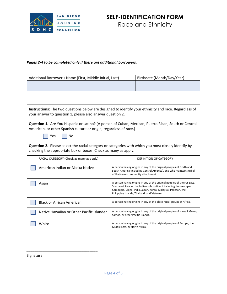 Self-identification Form - Race and Ethnicity - First-Time Homebuyer Program - City of San Diego, California, Page 4