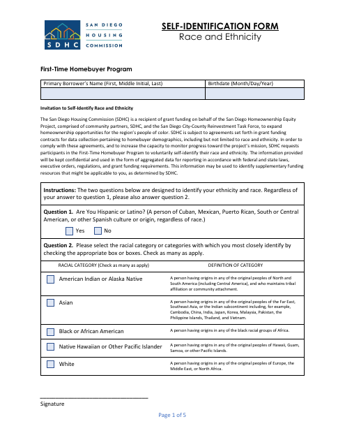 Self-identification Form - Race and Ethnicity - First-Time Homebuyer Program - City of San Diego, California Download Pdf