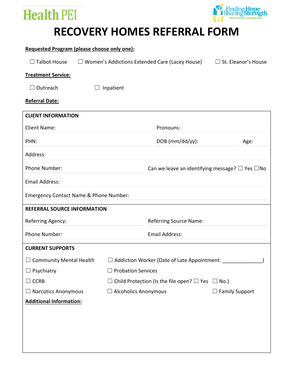 Recovery Homes Referral Form - Prince Edward Island, Canada, Page 1