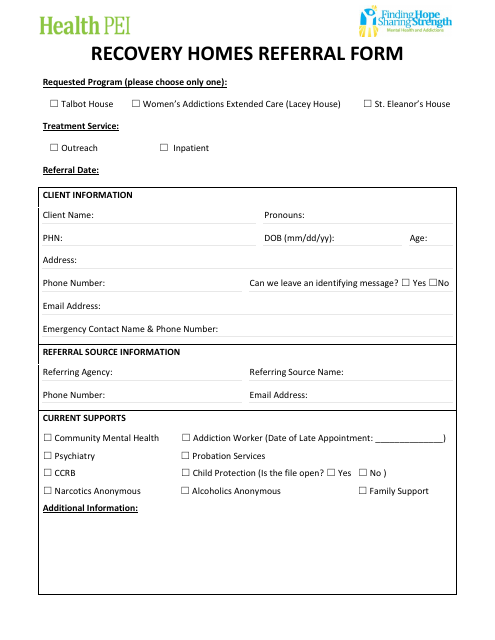 Recovery Homes Referral Form - Prince Edward Island, Canada Download Pdf
