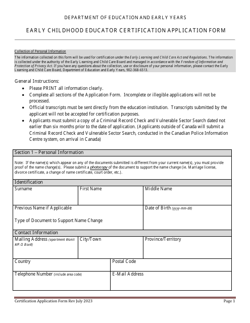 Early Childhood Educator Certification Application Form - Prince Edward Island, Canada Download Pdf