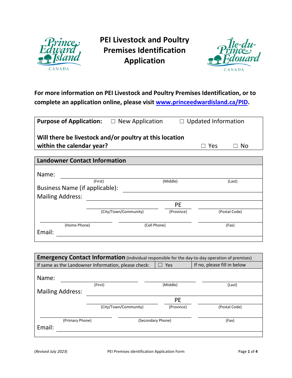 Pei Livestock and Poultry Premises Identification Application - Prince Edward Island, Canada, Page 1