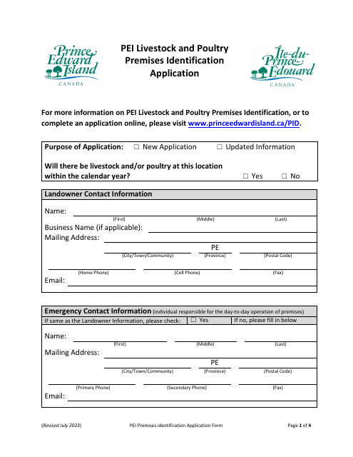 Pei Livestock and Poultry Premises Identification Application - Prince Edward Island, Canada Download Pdf