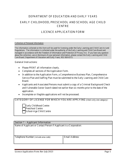 Early Childhood, Preschool and School Age Child Centre Licence Application Form - Prince Edward Island, Canada Download Pdf