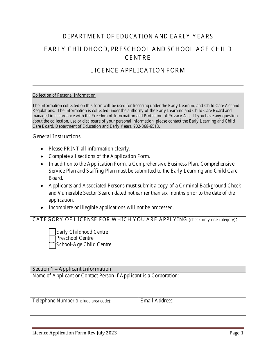 Early Childhood, Preschool and School Age Child Centre Licence Application Form - Prince Edward Island, Canada, Page 1