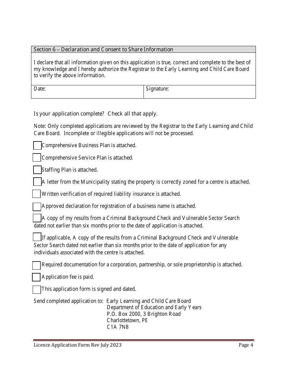 Early Childhood, Preschool and School Age Child Centre Licence Application Form - Prince Edward Island, Canada, Page 4