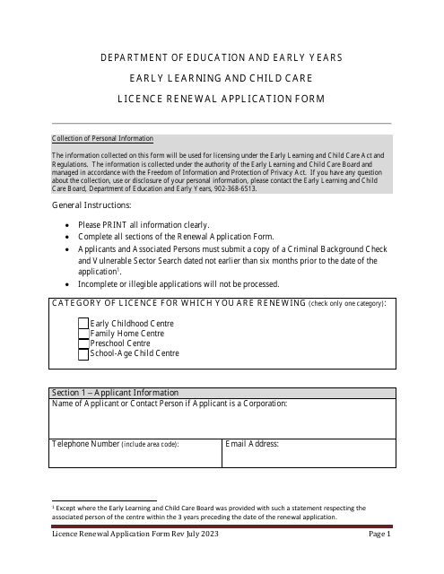 Early Learning and Child Care Licence Renewal Application Form - Prince Edward Island, Canada Download Pdf