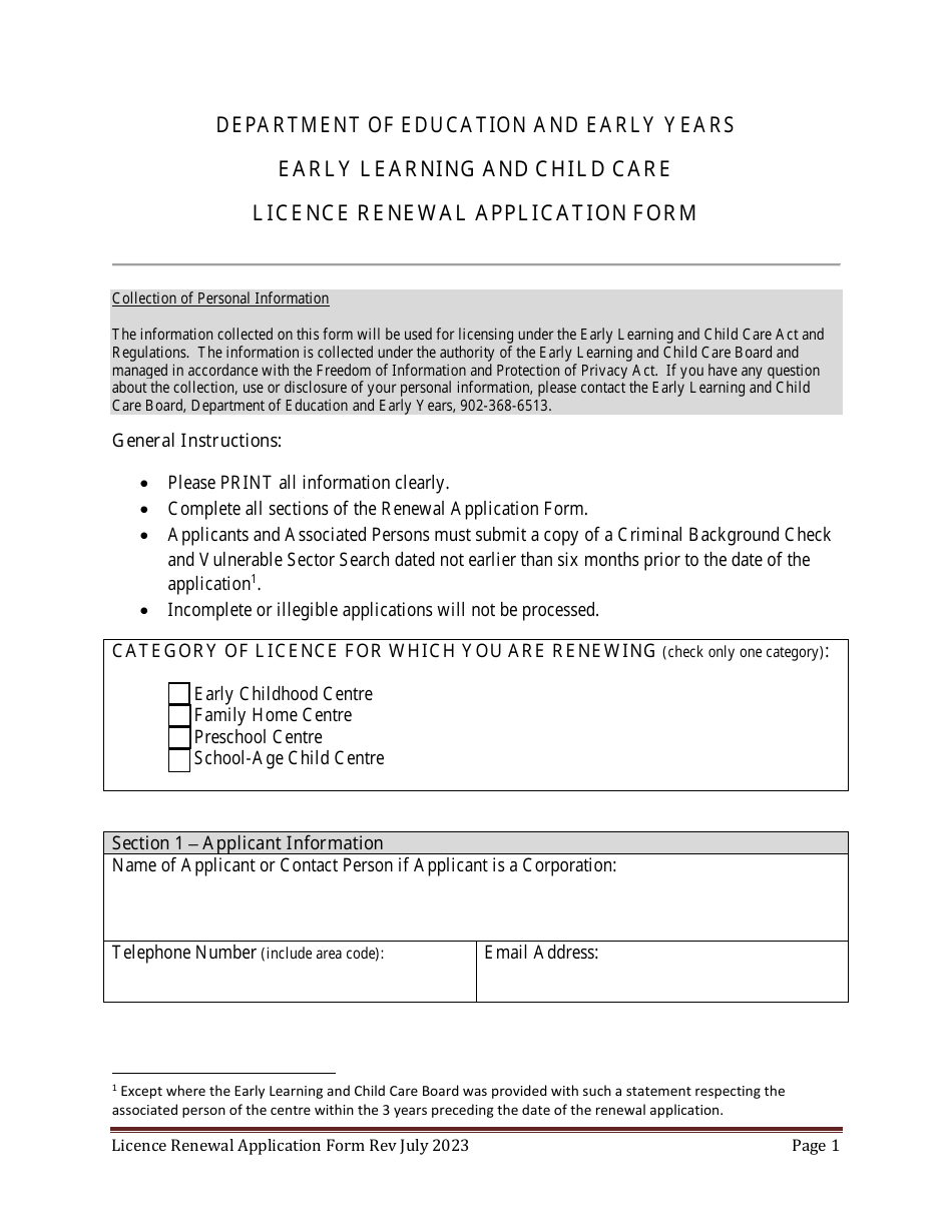 Early Learning and Child Care Licence Renewal Application Form - Prince Edward Island, Canada, Page 1
