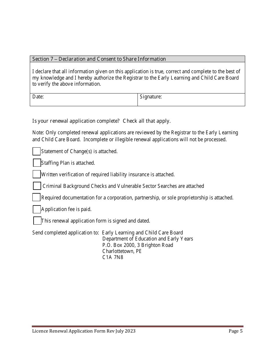Early Learning and Child Care Licence Renewal Application Form - Prince Edward Island, Canada, Page 5