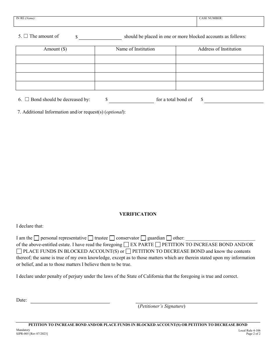 Form SJPR-005 Petition to Increase Bond and / or Place Funds in Blocked Account(S) or Petition to Decrease Bond - County of San Joaquin, California, Page 2