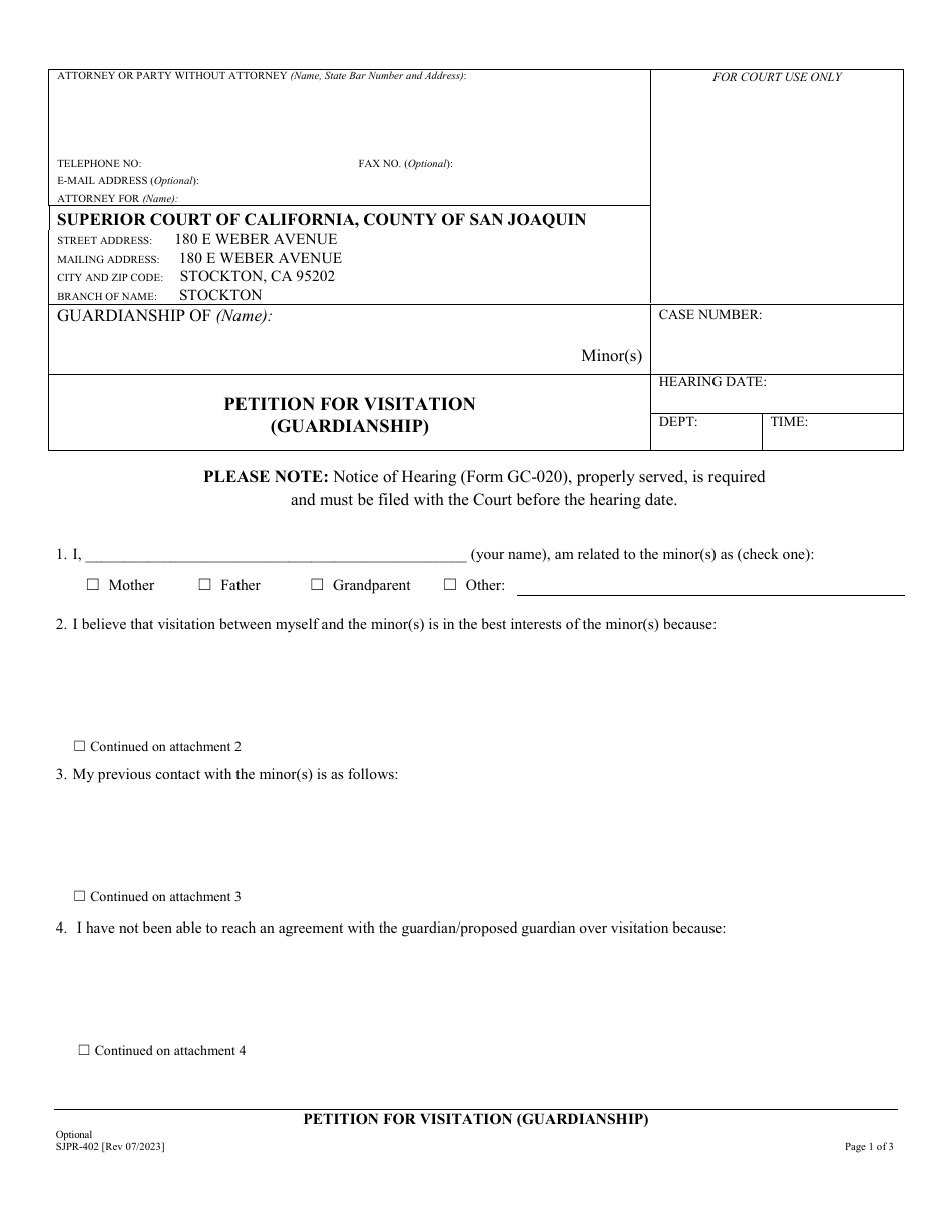 Form SJPR-402 Petition for Visitation (Guardianship) - County of San Joaquin, California, Page 1