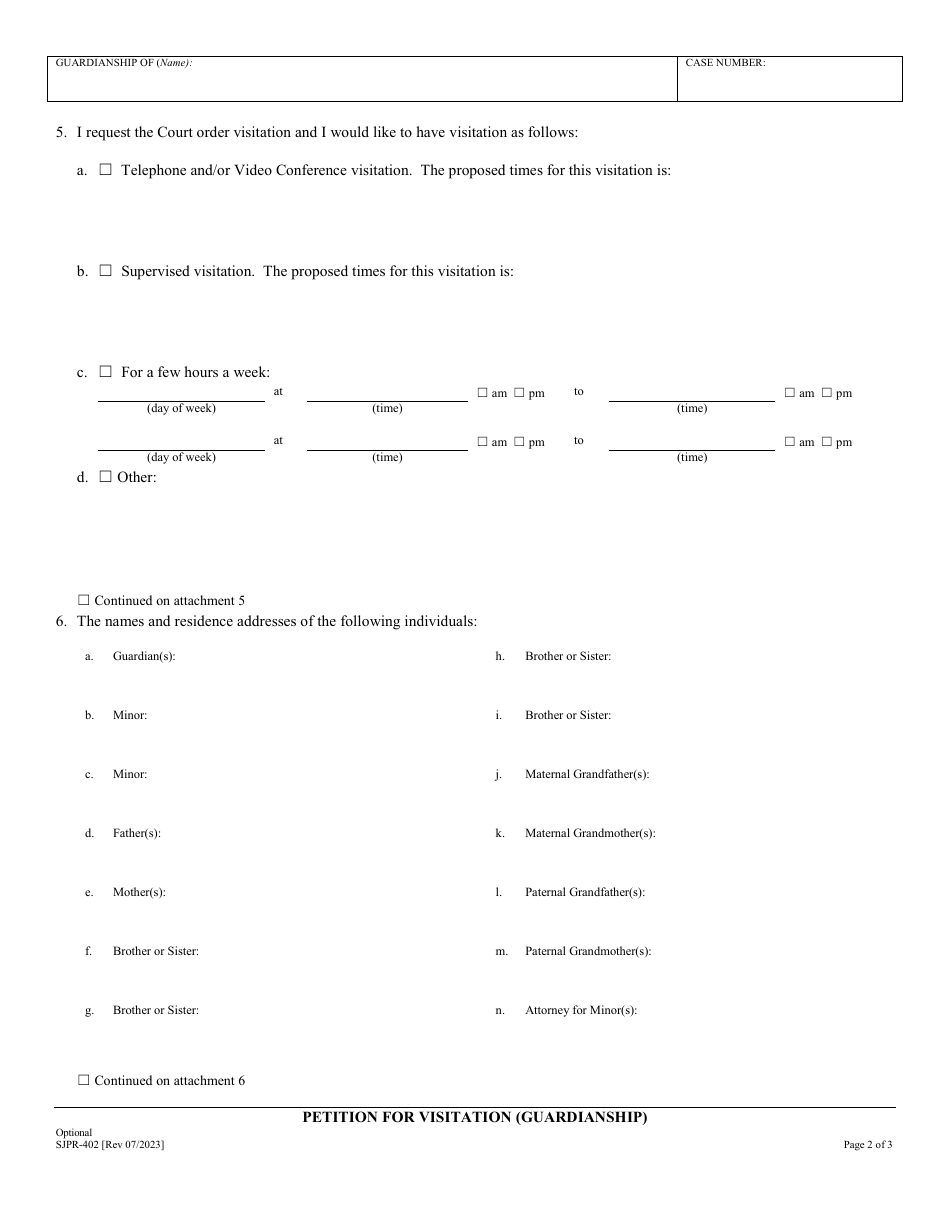 Form SJPR-402 Petition for Visitation (Guardianship) - County of San Joaquin, California, Page 2